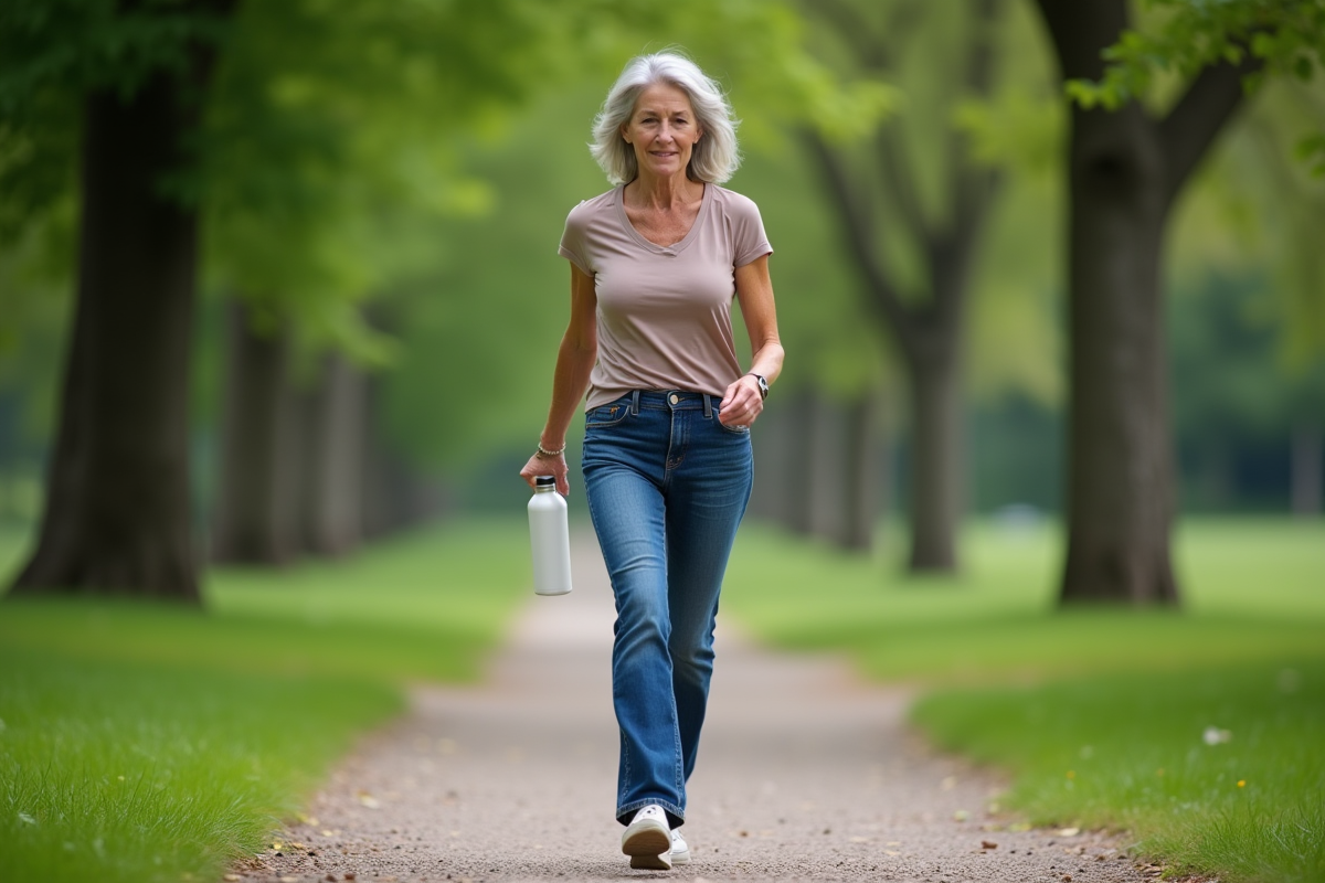 Femme âgée marche dans un parc verdoyant