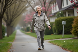 Femme de 60 ans marchant dans un quartier résidentiel au printemps