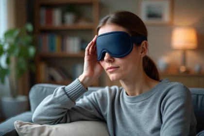 Femme portant un masque anti-migraine posé sur les yeux, assise sur un canapé dans un salon calme et confortable