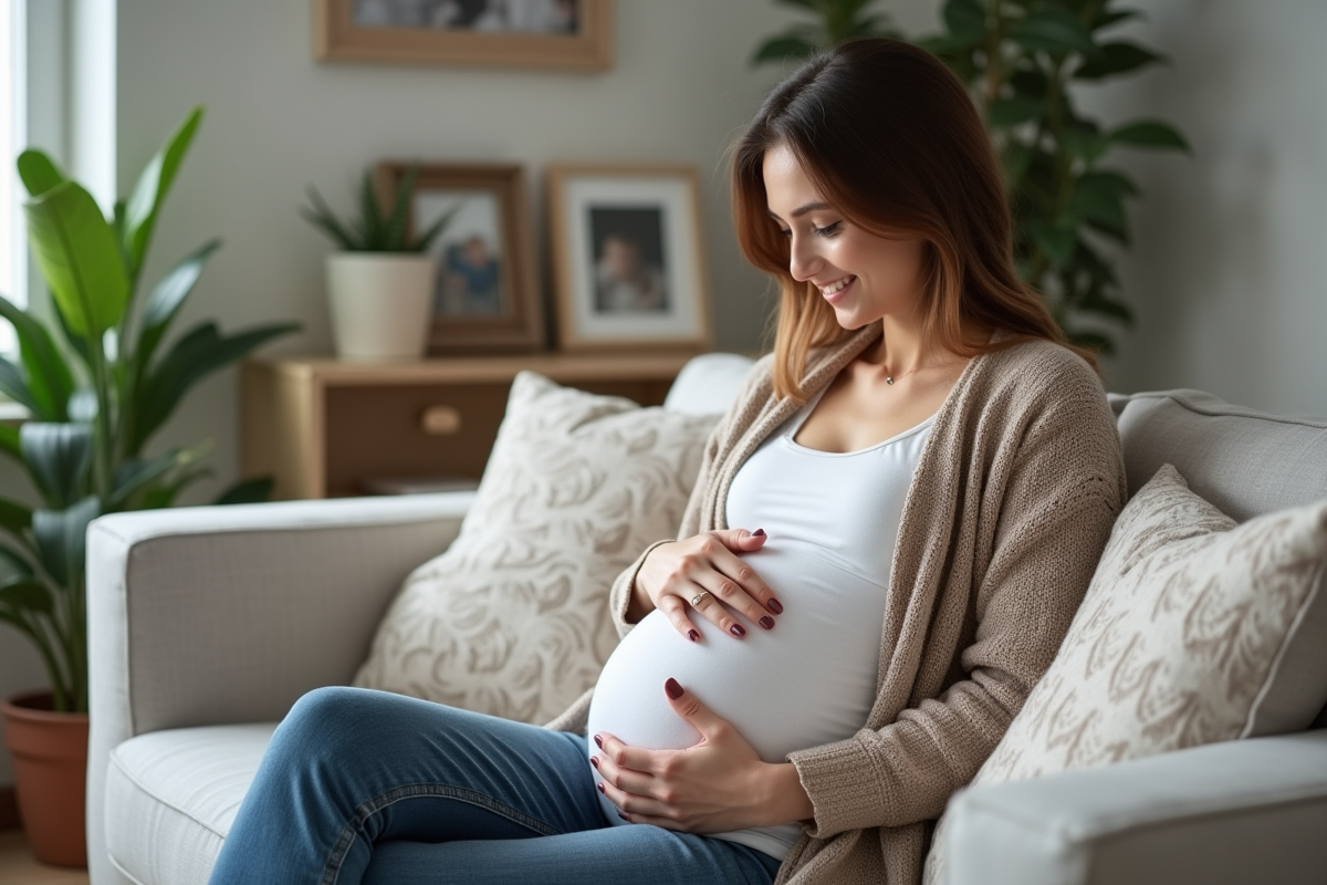 Femme enceinte souriante dans son salon cosy