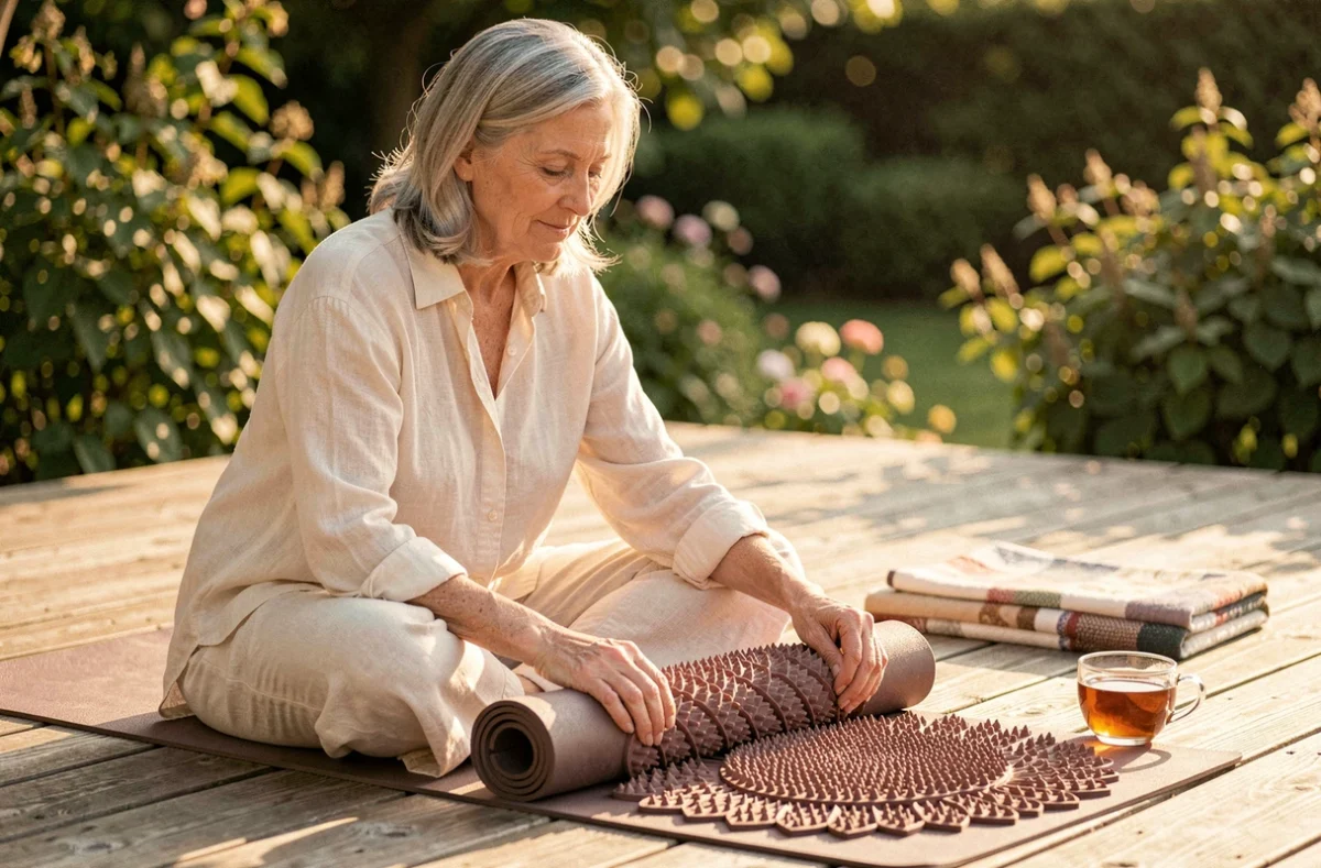 Femme mature préparant un tapis de fleurs de lotus sur une terrasse en bois extérieure, routine bien-être anti-tensions pour le dos