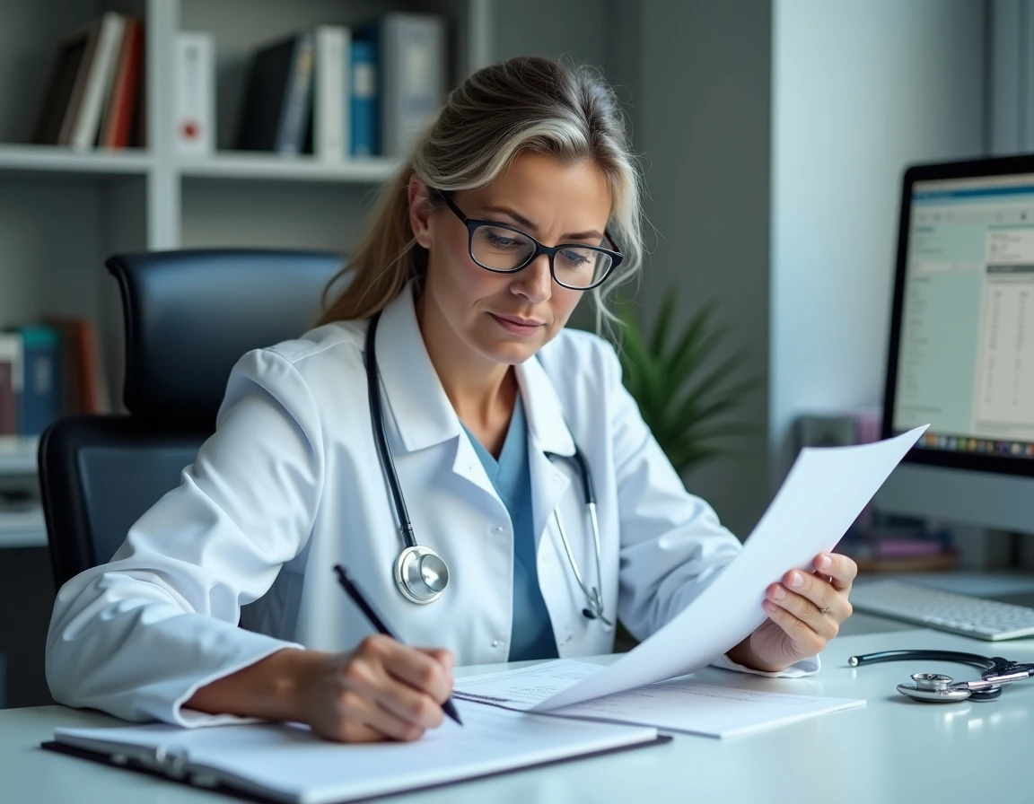 Médecin femme annotant un dossier de prise en charge maladie professionnelle dans un cabinet médical