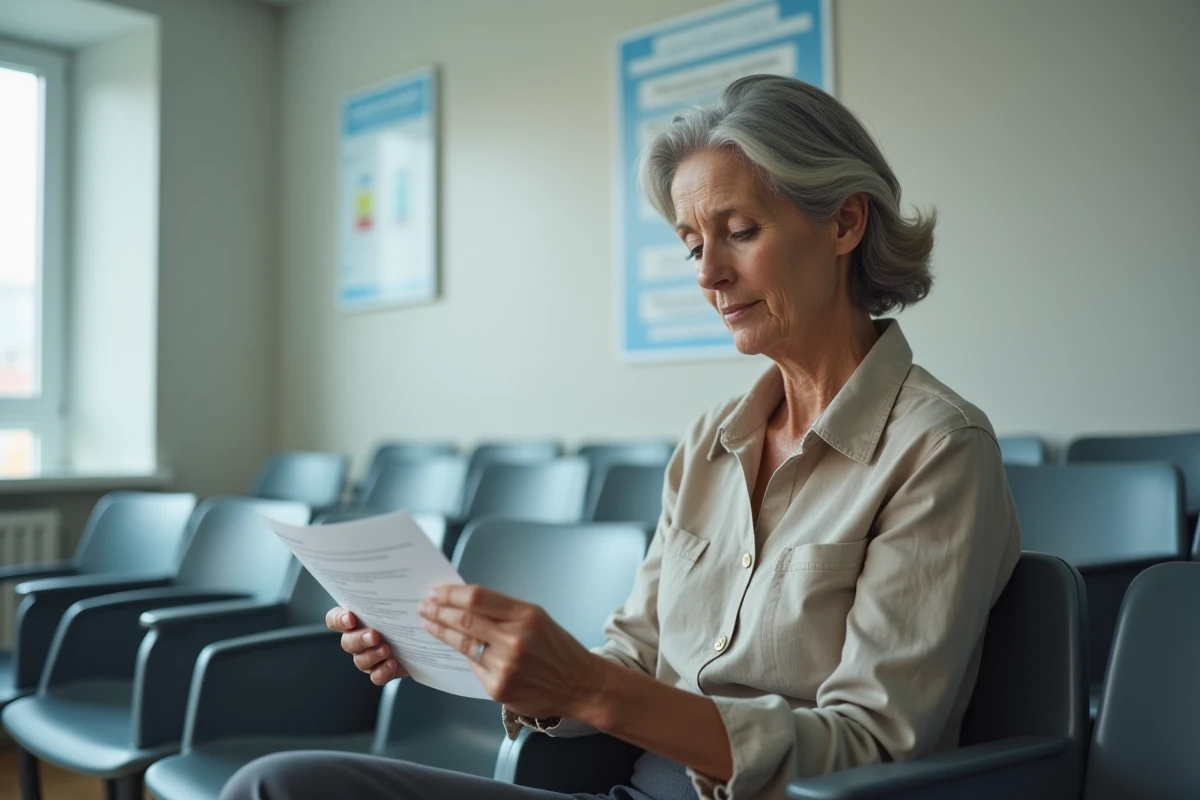 Femme d'une cinquantaine d'années lisant attentivement une ordonnance médicale dans une salle d'attente, illustrant le suivi du dosage de Levothyrox