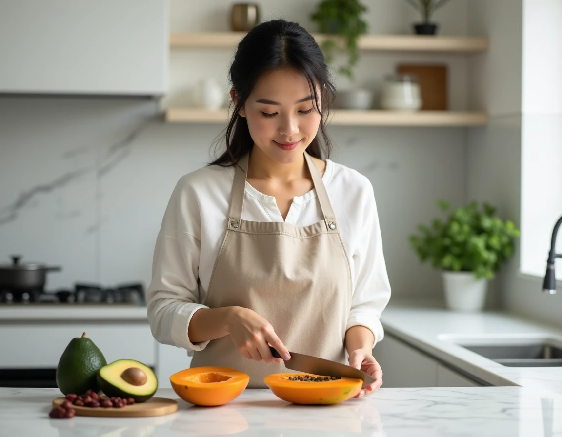 Femme préparant des fruits sources de vitamine D comme la papaye et l'avocat dans une cuisine moderne