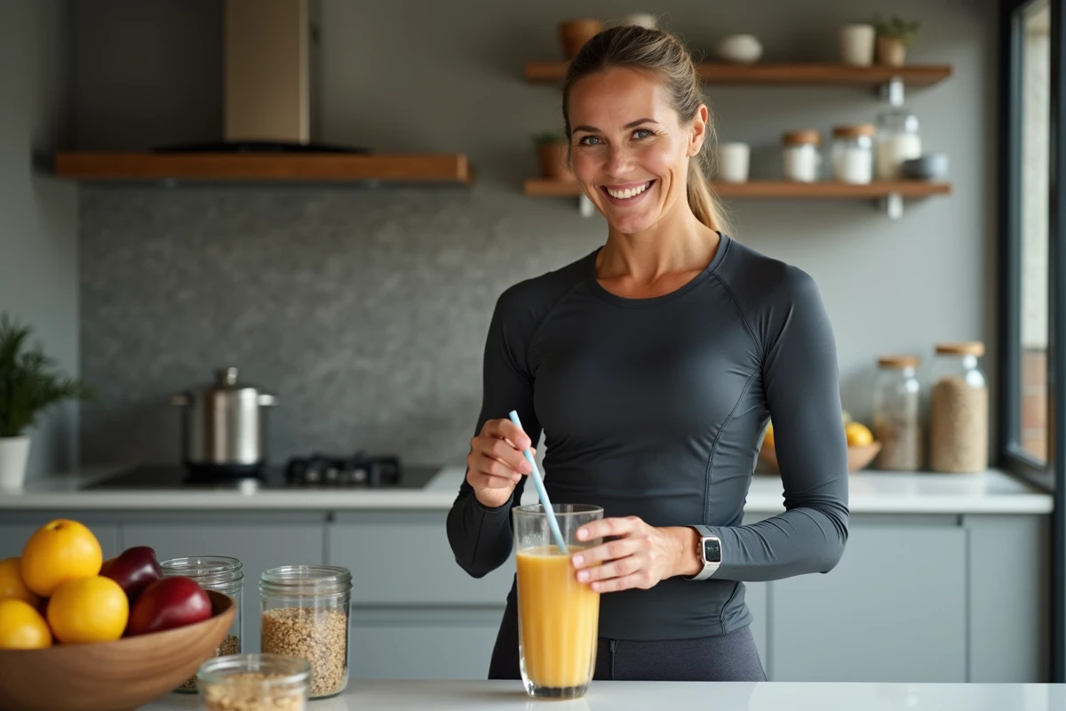 Femme souriante prépare smoothie sain dans cuisine moderne