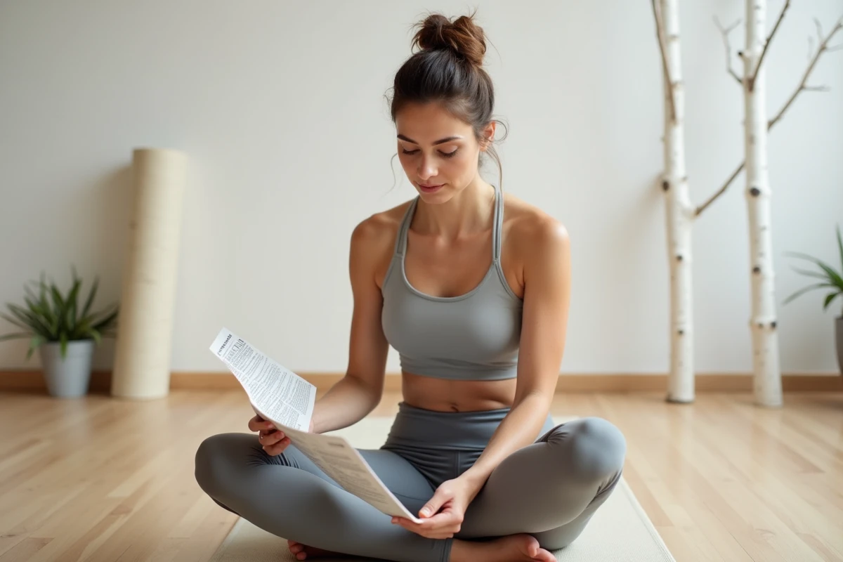 Femme sportive consultant un programme minceur naturel dans un studio de yoga minimaliste