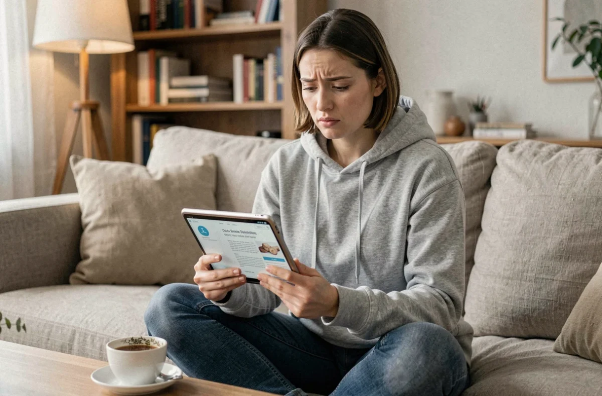 Jeune femme consultant des informations sur les effets secondaires du thé lulutox sur une tablette depuis son canapé