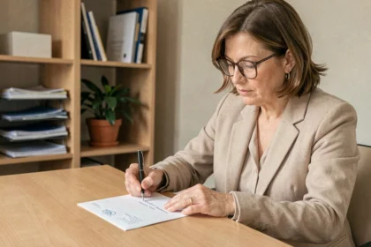 Femme écrivant une adresse postale sur une enveloppe blanche pour envoyer un courrier à la CPAM de Lyon