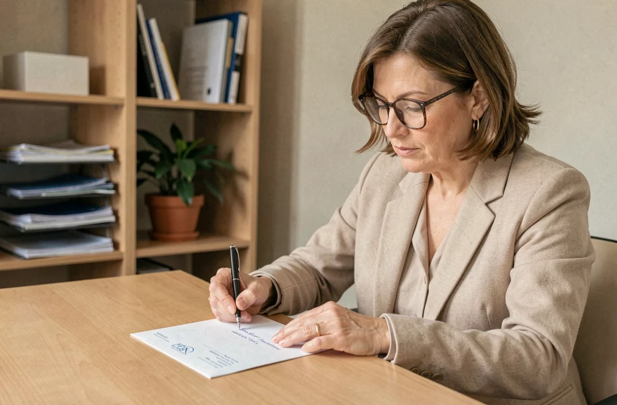 Femme écrivant une adresse postale sur une enveloppe blanche pour envoyer un courrier à la CPAM de Lyon