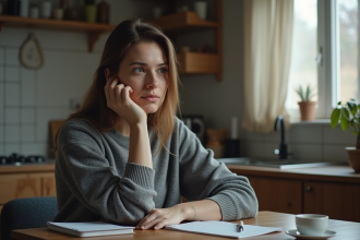 Femme pensive assise à la cuisine avec notes et thé
