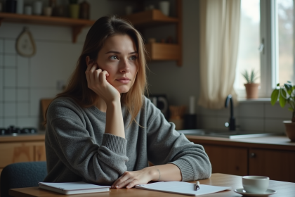 Femme pensive assise à la cuisine avec notes et thé