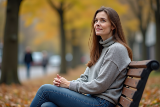 Femme réfléchissant dans un parc en automne