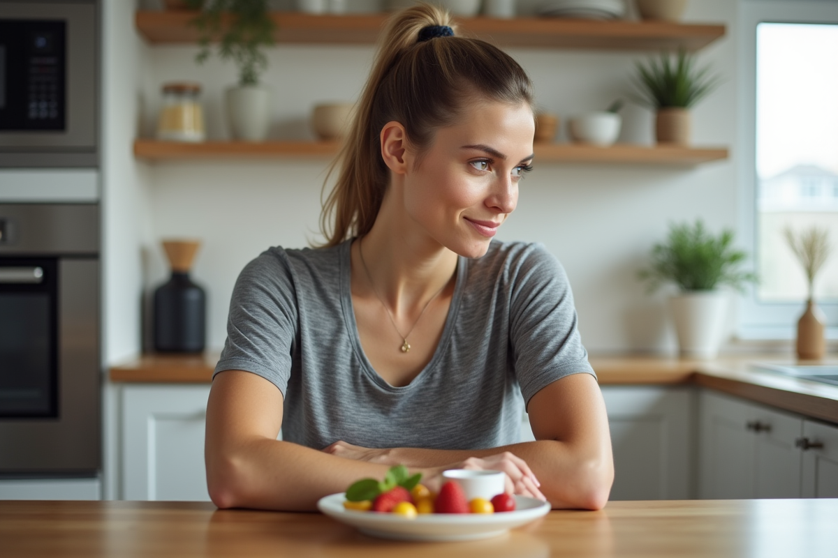Femme en cuisine regardant un bol de fruits et yaourt