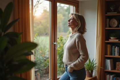 Femme d'âge moyen respirant à la fenêtre intérieur chaleureuse