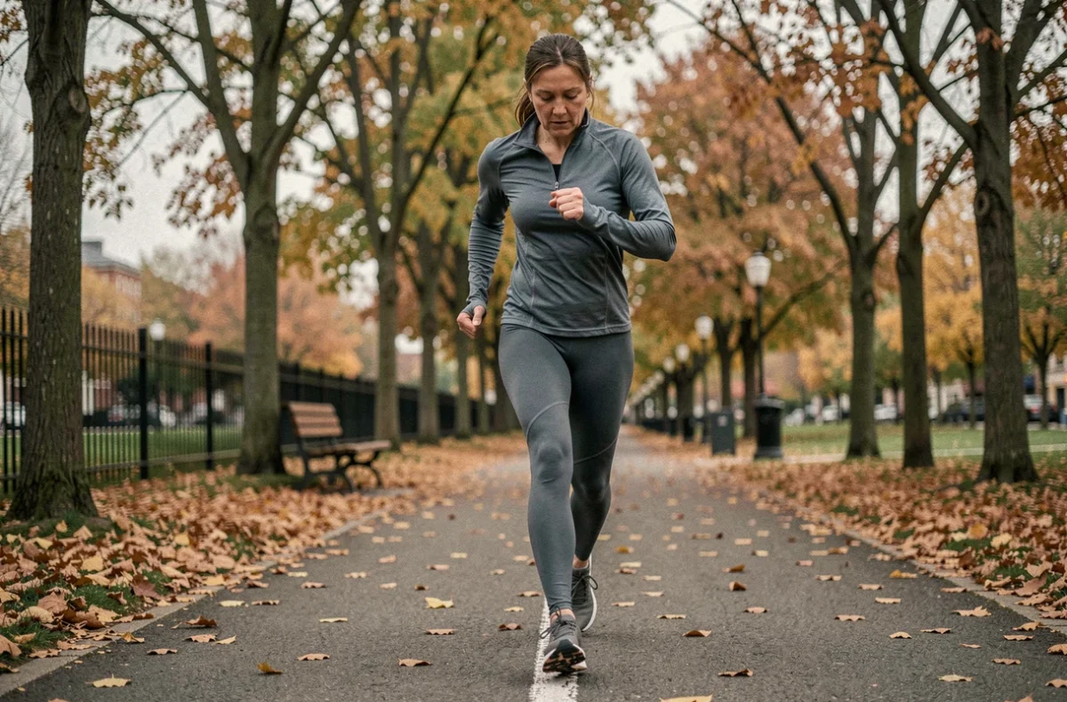 Femme joggeuse reprenant la course prudemment en parc après une algoneurodystrophie du genou