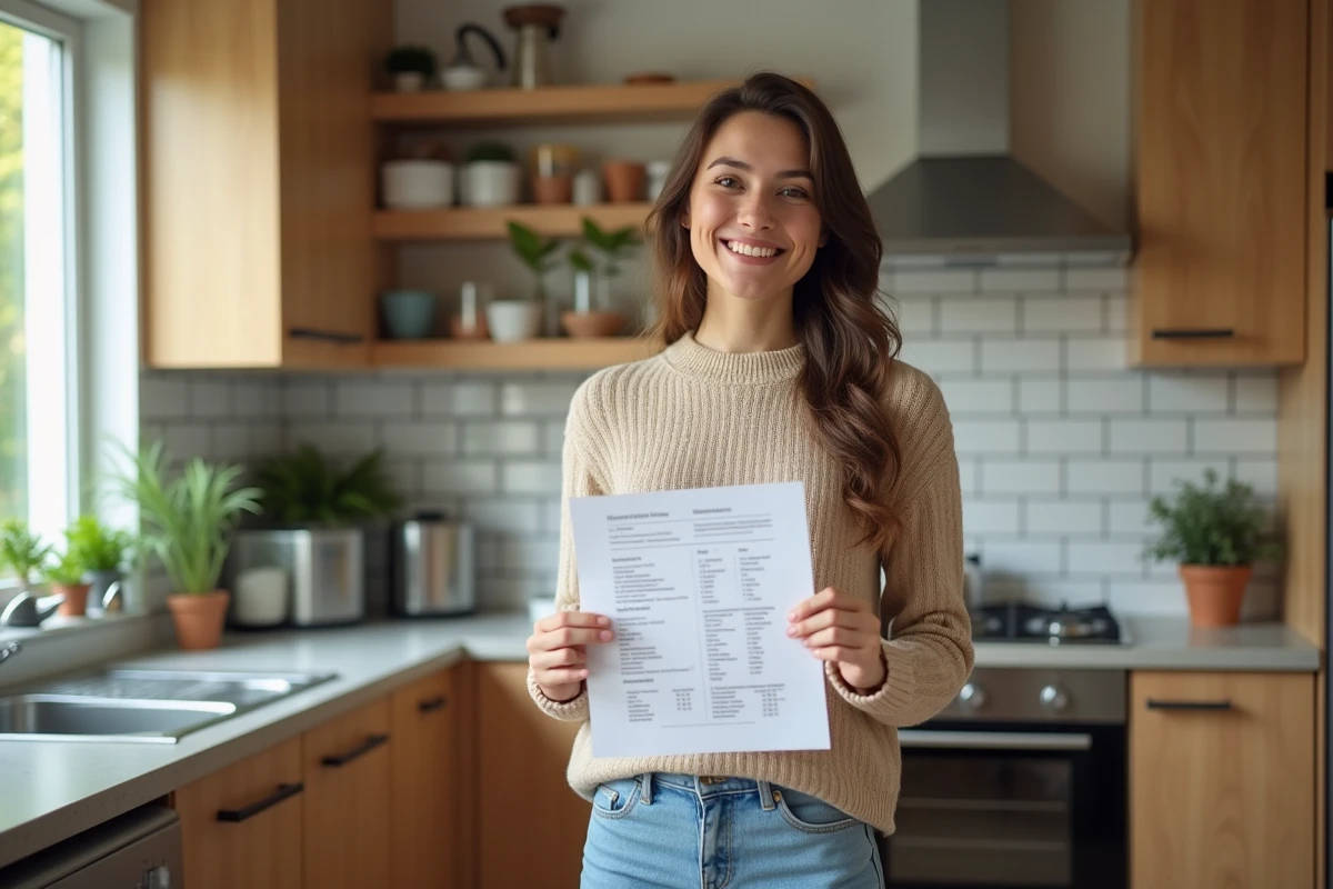 Jeune femme souriante tenant ses résultats de laboratoire à la maison