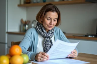 Femme d'âge moyen examine documents médicaux à la maison