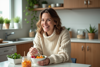Femme souriante dégustant des snacks sains dans la cuisine