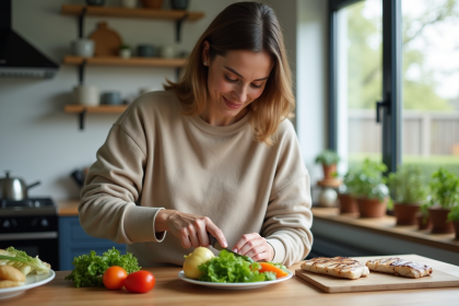 Femme préparant une salade de poulet dans une cuisine moderne