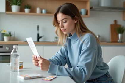 Femme lisant une notice de probiotiques dans une cuisine lumineuse
