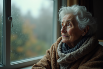 Femme âgée assise près d'une fenêtre humide et lumineuse