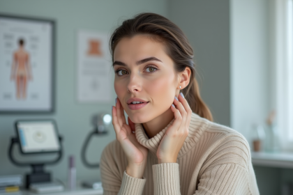 Femme en turtleneck beige touchant son cou dans un cabinet médical