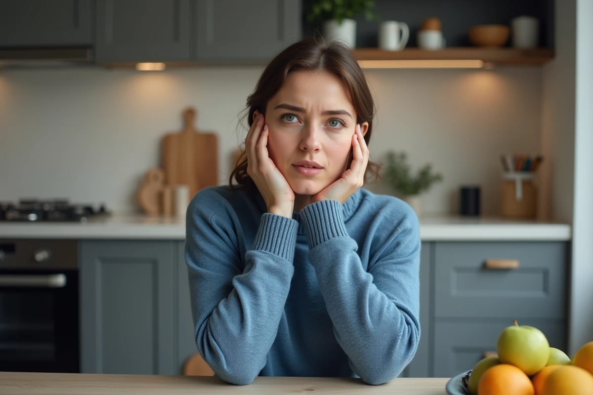 Jeune femme pensant dans la cuisine moderne