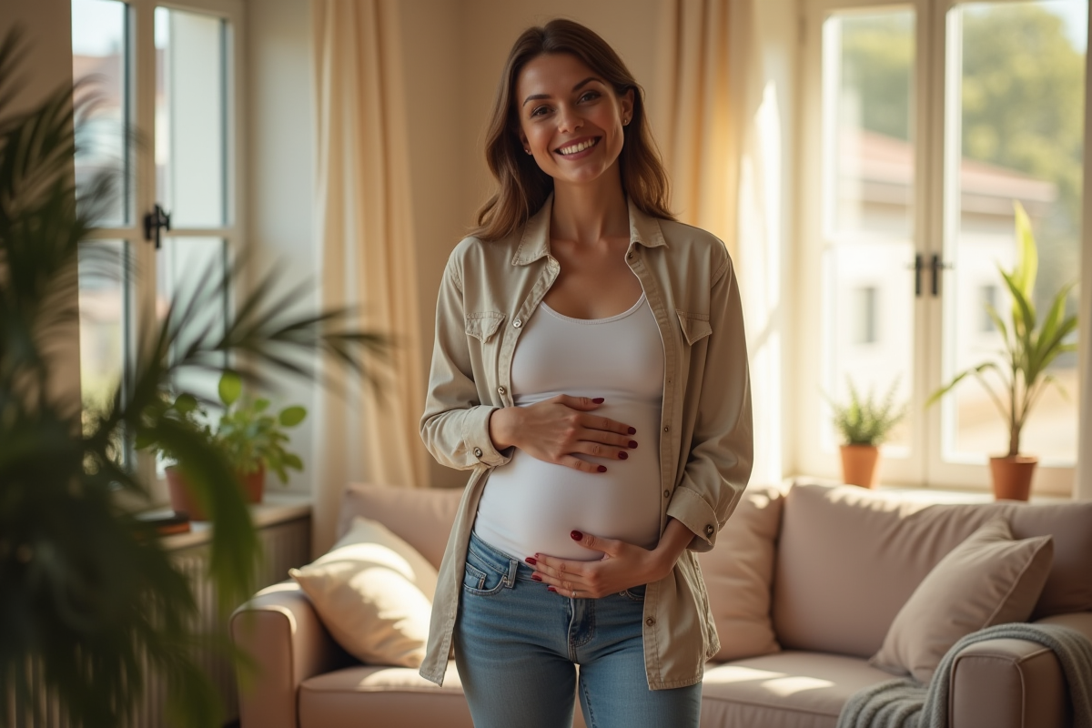 Femme souriante touchant son abdomen dans un salon lumineux