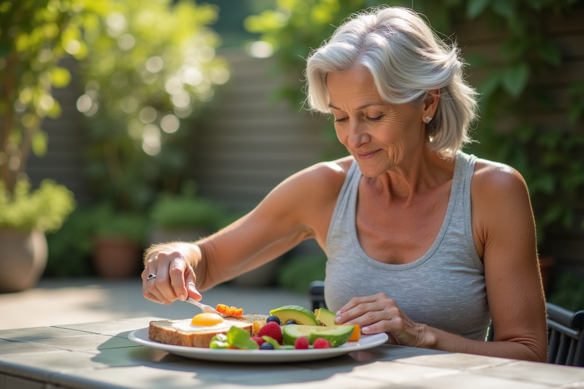 Femme sportive préparant un petit déjeuner sain sur une terrasse ensoleillée