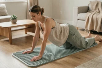Femme allongée sur un tapis de fleurs de lotus pour le dos dans un salon minimaliste en bois, posture de relaxation anti-tensions