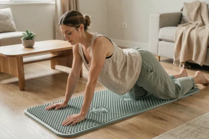 Femme allongée sur un tapis de fleurs de lotus pour le dos dans un salon minimaliste en bois, posture de relaxation anti-tensions