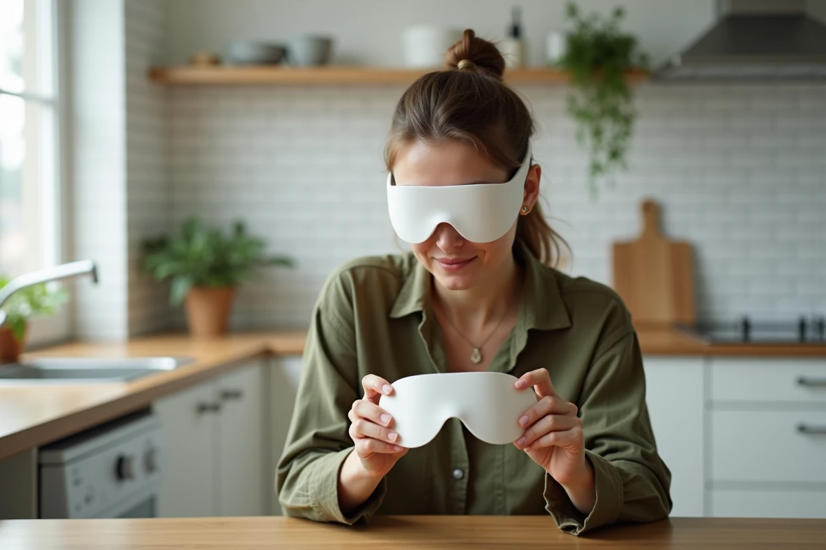 Jeune femme tenant un masque contre les migraines entre ses mains dans une cuisine moderne et lumineuse