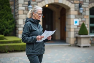 Femme active devant un centre thermal avec carte et panneau