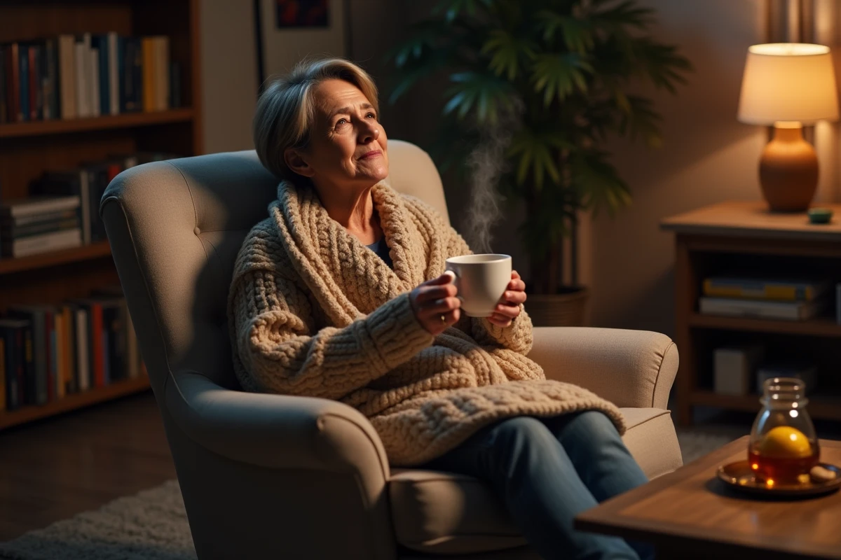 Femme mature assise dans un fauteuil la nuit avec une tisane au miel pour apaiser une toux nocturne
