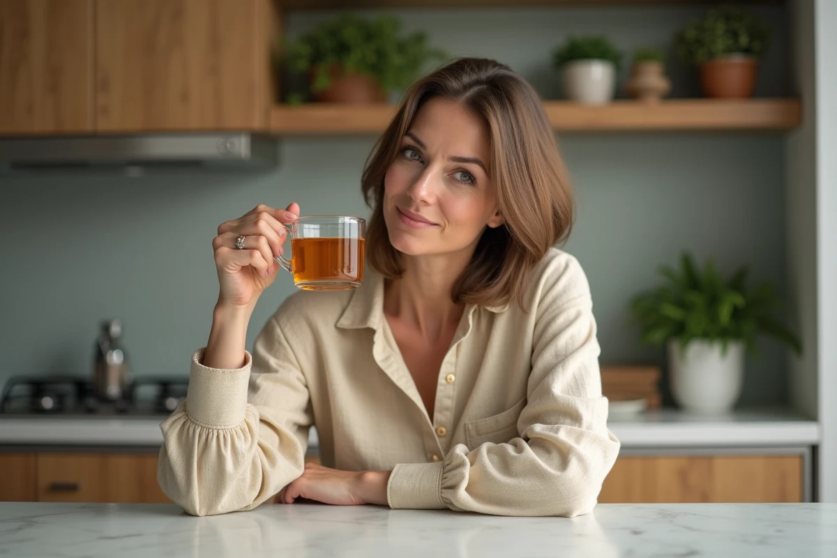 Femme d'âge moyen tenant une tasse de tisane au thym et l'observant attentivement dans une cuisine moderne