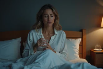 Femme adulte assise dans son lit la nuit avec un verre d'eau pour calmer une quinte de toux nocturne