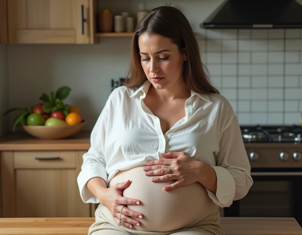 Femme assise dans sa cuisine les mains sur le ventre gonflé, représentant les signes d'alerte liés au type de gros ventre