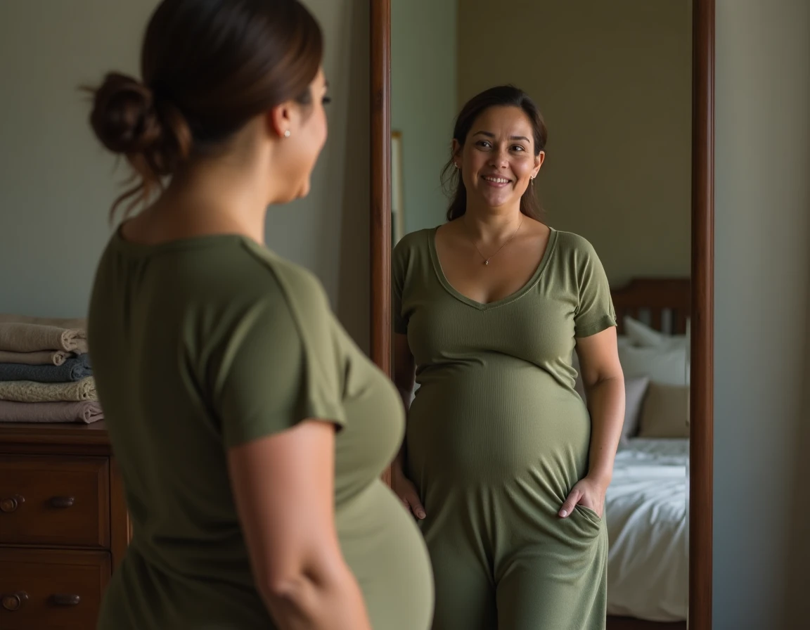 Femme d'âge mûr observant son ventre proéminent devant un miroir dans sa chambre, pour illustrer les différents types de ventre féminin