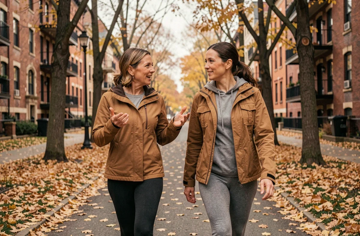 Deux femmes discutant de bien-être et de compléments alimentaires lors d'une promenade en ville en automne