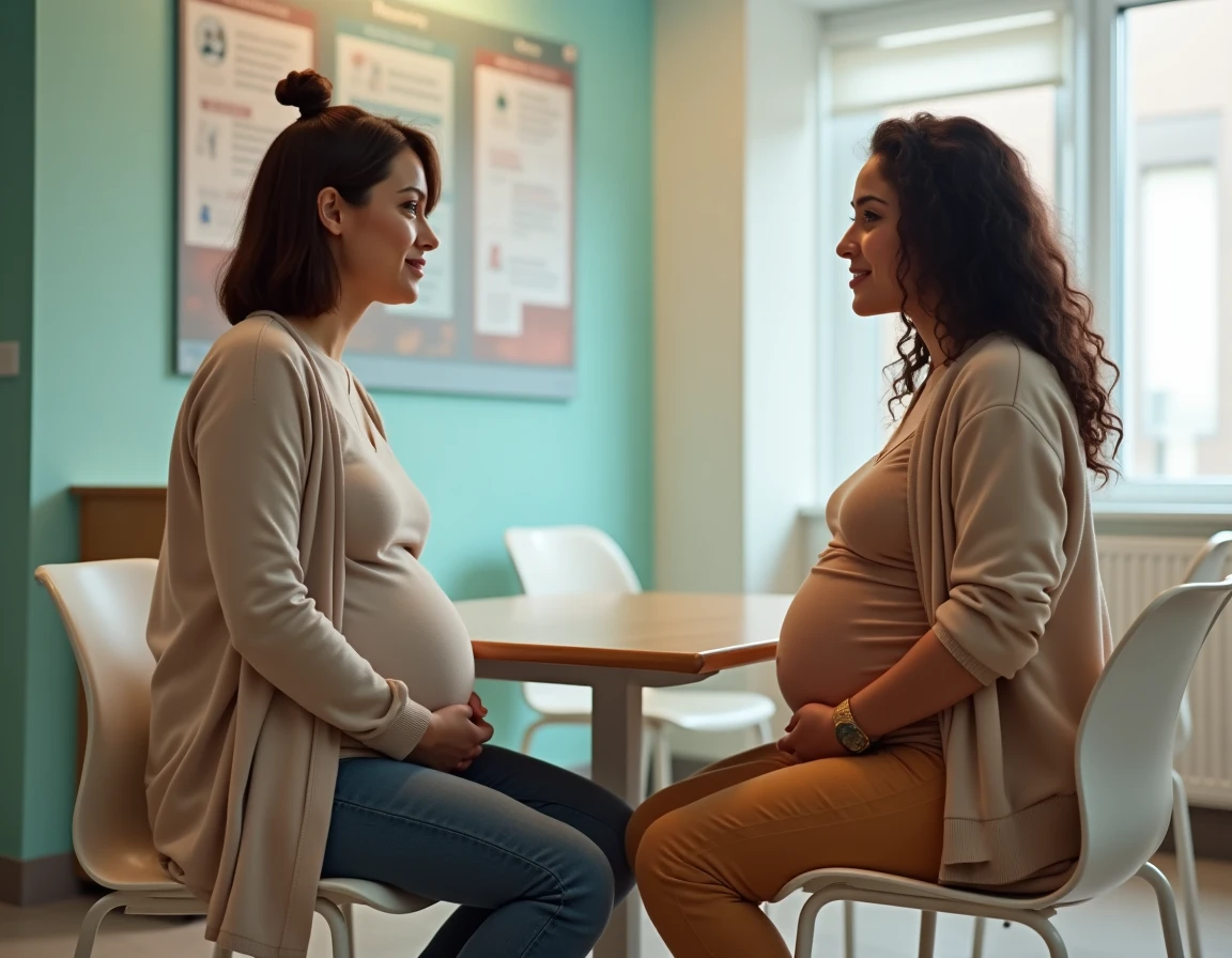 Deux femmes enceintes échangeant sur les signes de l'accouchement dans une salle d'attente de maternité
