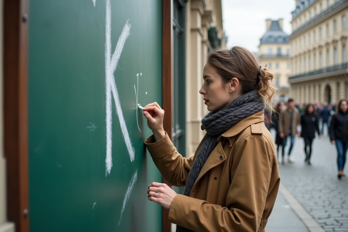 Jeune femme écrivant la lettre K sur un tableau noir en ville