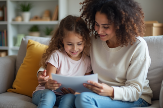 Jeune fille et sa mère lisant un dépliant médical dans le salon