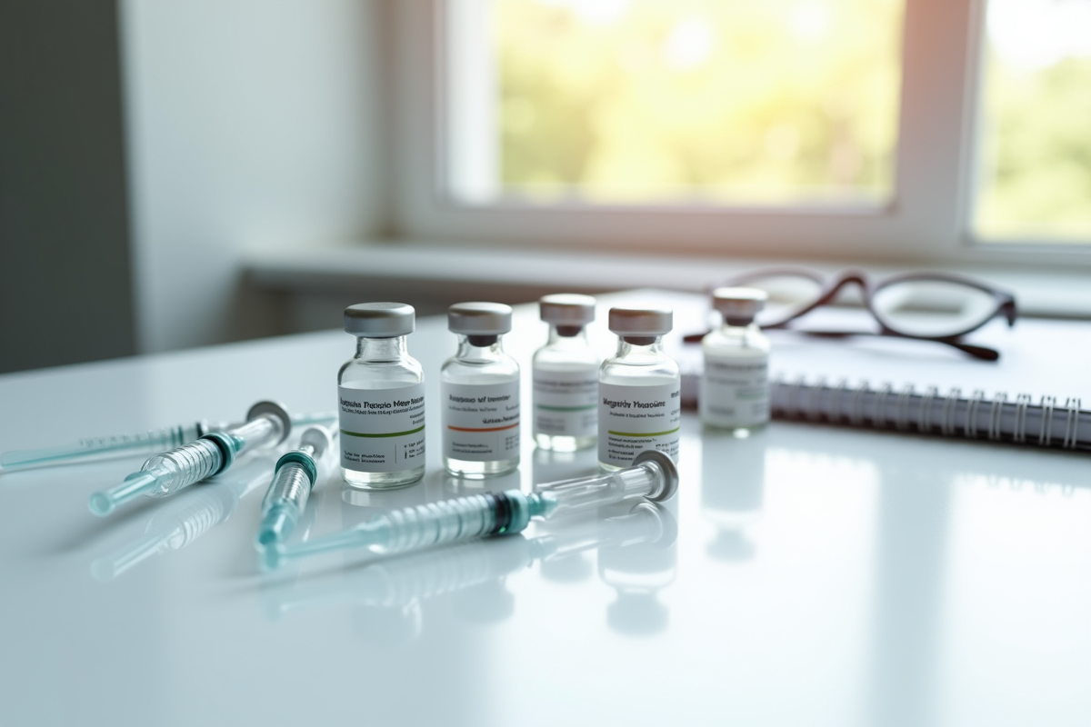 Vials et seringues de vaccin contre la grippe sur une table blanche