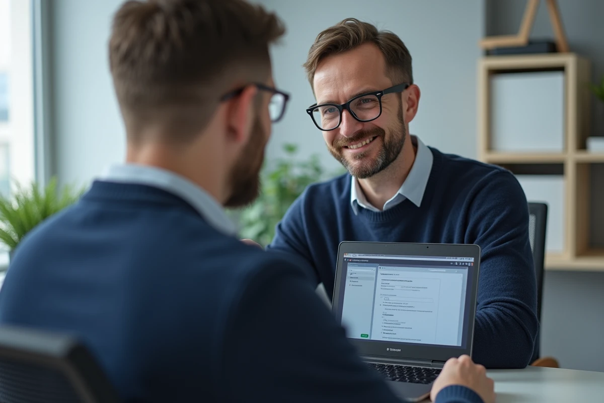 Professionnel satisfait complétant un formulaire numérique sur ordinateur portable dans un bureau à domicile moderne et épuré