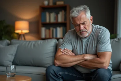 Homme d'âge mûr tenant son bras gauche avec une expression préoccupée, assis dans un salon, illustrant des fourmillements dans le bras gauche pouvant évoquer un infarctus