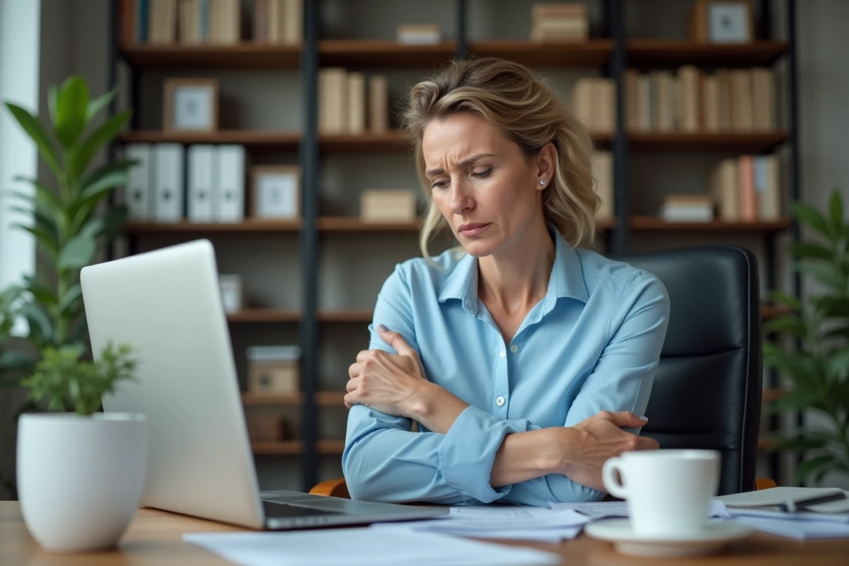 Femme d'âge moyen au bureau tenant son bras gauche avec une mine inquiète, illustrant les symptômes de fourmillements dans le bras gauche à distinguer d'un infarctus