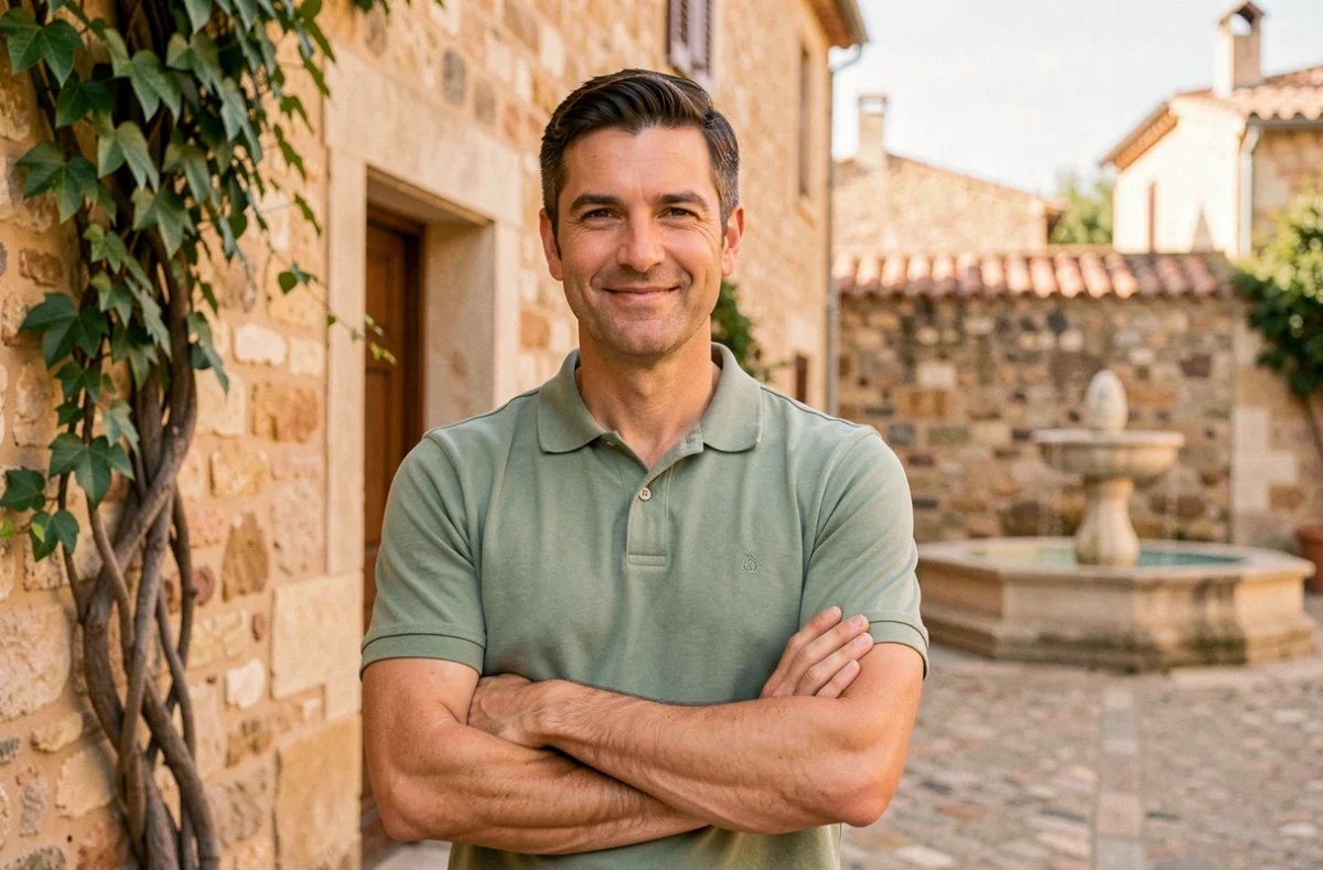 François Lavergne, ostéopathe, devant un bâtiment en pierre typique de l'Hérault