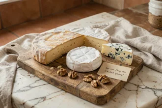 Plateau de fromages au lait cru variés sur une planche en bois rustique, incluant comté, camembert et roquefort, à éviter pendant la grossesse