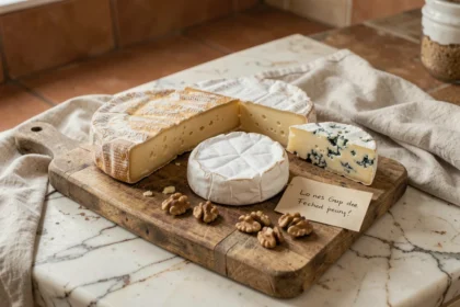 Plateau de fromages au lait cru variés sur une planche en bois rustique, incluant comté, camembert et roquefort, à éviter pendant la grossesse