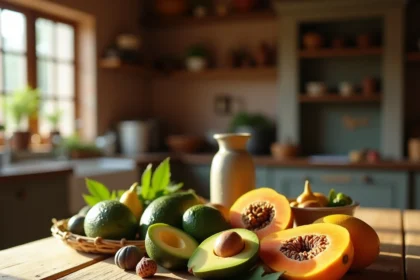 Arrangement de fruits riches en vitamine D sur une table en bois rustique : avocat, figues séchées et papaye frais coupés